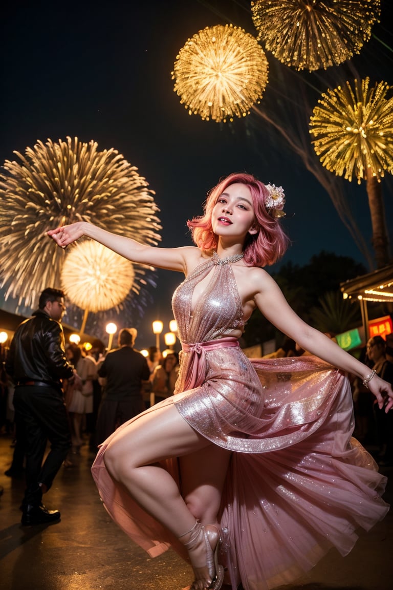 A young woman with bright pink hair and a sparkly dress stands amidst a kaleidoscope of lanterns, the soft glow of candles, and the rhythmic beats of drums. The air is thick with the sweet aroma of blooming flowers and savory street food. As she gazes up at the starry sky, her eyes widen in wonder. Suddenly, she's swept away by the vibrant dance troupe performing a traditional routine, their intricately designed costumes shimmering like fireworks. Entranced, she loses herself in the moment, allowing the festival's sensory overload to reveal a hidden aspect of her personality: a sense of boldness and joy. As the night wears on, she finds herself joining in on the dancing, her fears momentarily forgotten, and her spirit soaring.