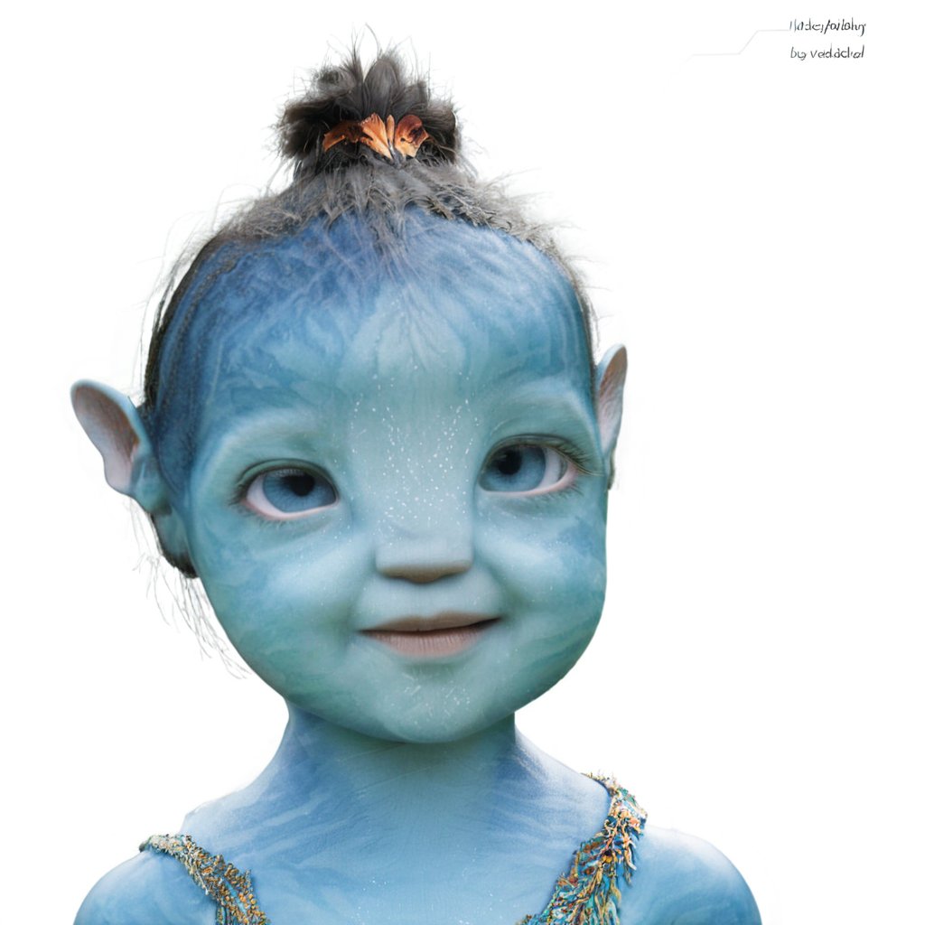 a pretty na'vi baby , 1_girl, ((ariana greenblatt)) 6 months old, no eyebrows, light blue eyes, happy,Na'vi,Read description,Neytiri,Tsireya, not cross eyed ((blank background))