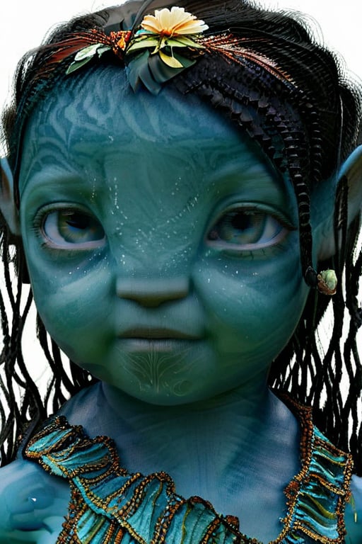 a pretty na'vi toddler , 1_girl, ((ariana greenblatt)) 6 months old, no eyebrows, light blue eyes, happy,Na'vi,Read description,Neytiri, not cross eyed ((blank background)) curly hair NO BRAIDS