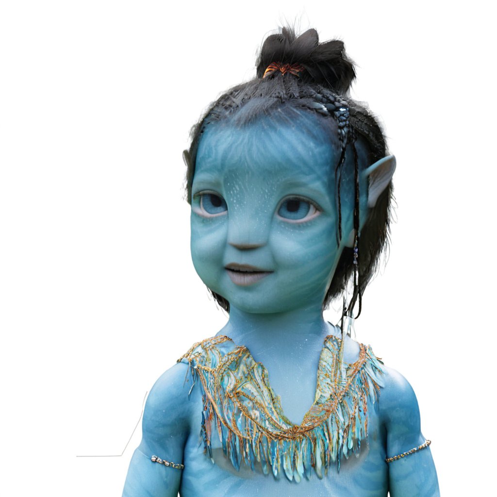 a pretty na'vi baby , 1_girl, ((ariana greenblatt)) 6 months old, no eyebrows, light blue eyes, happy,Na'vi,Read description,Neytiri,Tsireya, not cross eyed ((blank background))