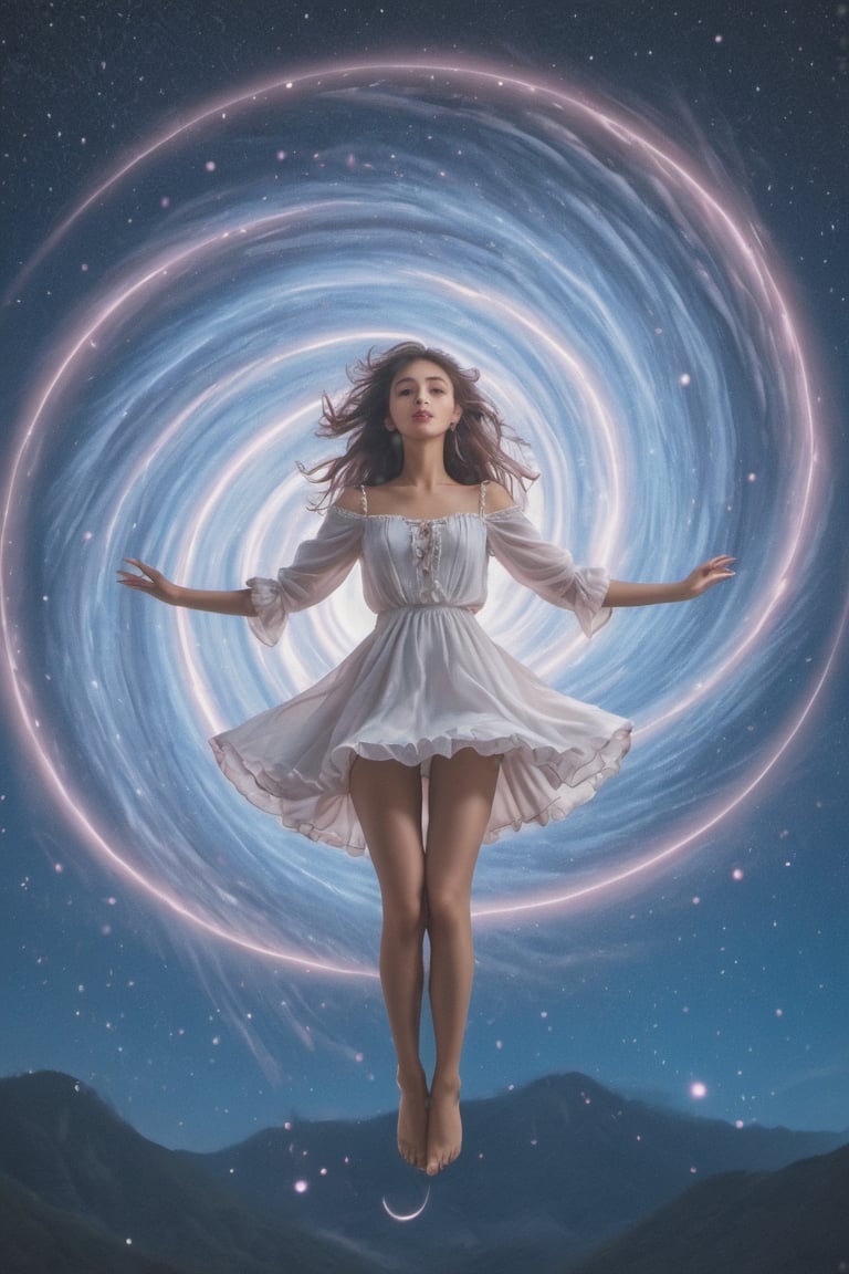 Virtual influencer levitating in a dreamy, starry sky, with cosmic elements swirling around her.