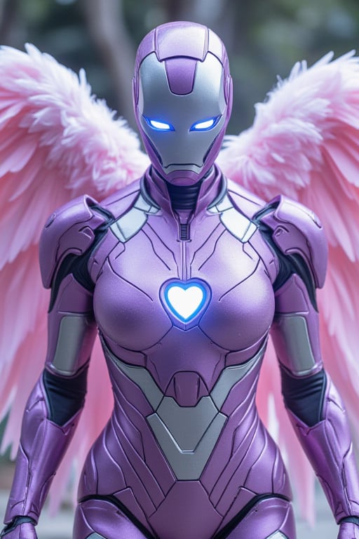 IronAngel suit appears enveloping her body in purple and silver metallic colors and pastel pink wings made of pink feathers. Nanotech suit materializes over her body, an Ironman mask covers her bald head and face.  With a blue heart shaped arc reactor and repulsars including her Ironman helmet with blue glowing eye slits covering her skin and bald head leaving her looking like a stunning combination of Ironwoman and an Archangel.  Her arc reactor is a heart and she casts healing spells.
