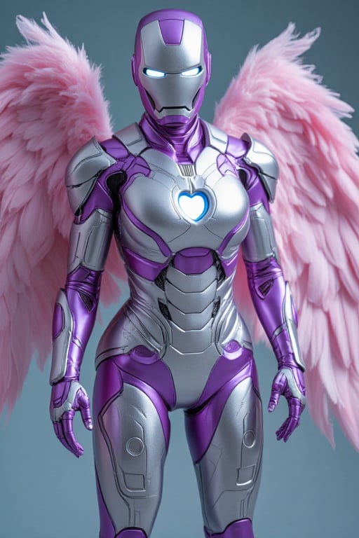 Ironman in front of her.  IronAngel suit appears enveloping her body in purple and silver metallic colors and pastel pink wings made of pink feathers. Nanotech suit materializes over her body, an Ironman mask  of silver and purple covers her bald head and face.  with a blue heart shaped arc reactor and repulsars including her Ironman helmet of silver and purple covering her skin and bald head leaving her looking like a stunning combination of Ironwoman and an Archangel.  Casting green healing spells by waving her hand repulsars in the air. 