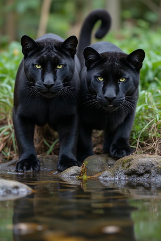 2 black panthers.  One male and one female.  The female as glowing green eyes.  Mates for life full of love and excitement for their panther experience.  They stop by a stream to drink.  After prowling together for 20 minutes it finally appears. The perfect den for them and not far beyond it is a stream filled with salmon and trout. She jumps around in happiness twirling her tail in delight