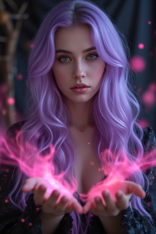 long wavy lavender haired beautiful witch with emerald green eyes and weaving a spell causing pink magical particles to appear iover her head between her hands. background in a witch alchemy lab.