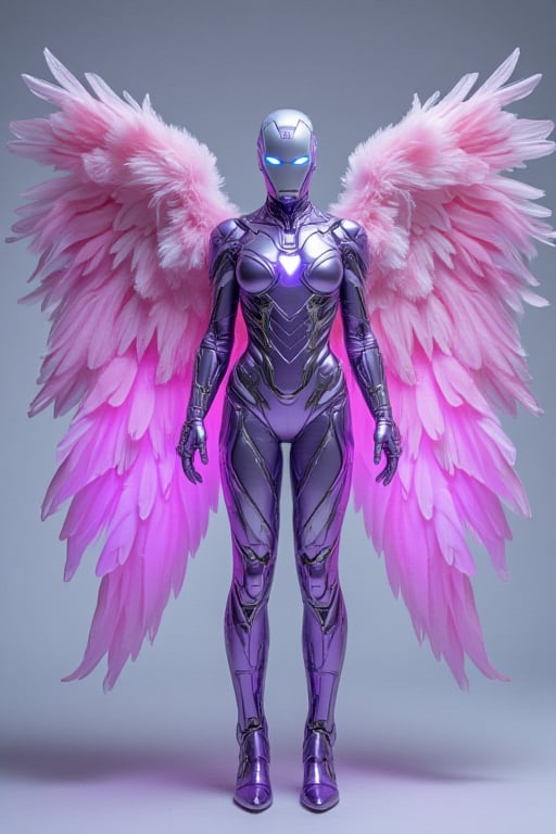 IronAngel suit appears enveloping her body in purple and silver metallic colors and pastel pink wings made of pink feathers. Nanotech suit materializes over her body, an Ironman mask  of silver and purple covers her bald head and face.  with a blue heart shaped arc reactor and repulsars including her Ironman helmet of silver and purple covering her skin and bald head leaving her looking like a stunning combination of Ironwoman and an Archangel.  Casting green healing spells by waving her hand repulsars