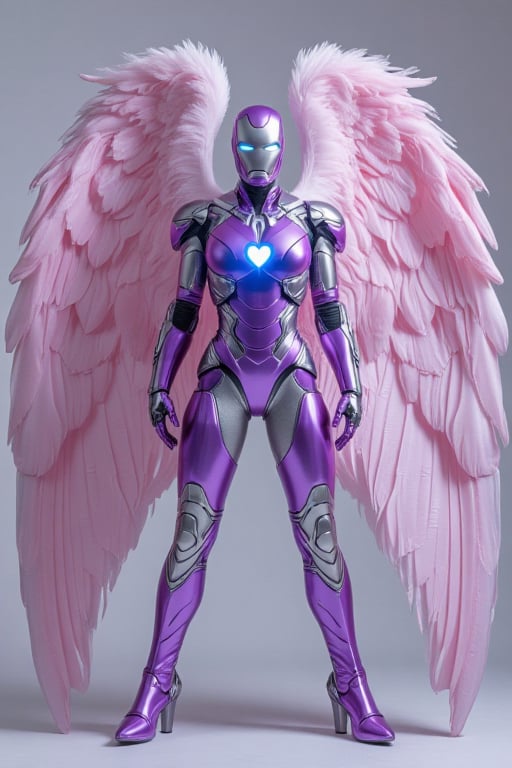 Full body image of IronAngel suit appears enveloping her body in purple and silver metallic colors and pastel pink wings made of pink feathers. Nanotech suit materializes over her body,  with a  blue heart shaped arc reactor and repulsars including her Ironman helmet of silver and purple covering her skin and bald head leaving her looking like a stunning combination of Ironwoman and an Archangel.  

