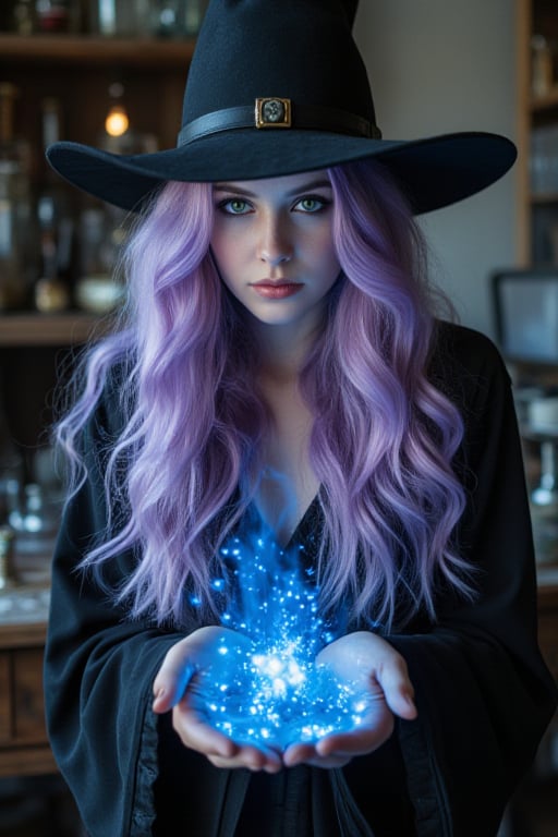 long wavy lavender haired beautiful witch with emerald green eyes and weaving a spell causing blue magical particlesto appear in her hands.  background in a witch alchemy lab.