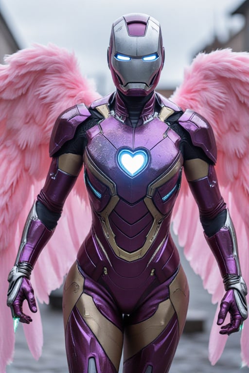 Ironman in his red and gold suit in front of her.  IronAngel suit appears enveloping her body in purple and silver metallic colors and pastel pink wings made of pink feathers. Nanotech suit materializes over her body,  with a blue heart shaped arc reactor and repulsars including her Ironman helmet of silver and purple covering her skin and bald head leaving her looking like a stunning combination of Ironwoman and an Archangel.  Casting green healing spells by waving her hand repulsars in the air. 