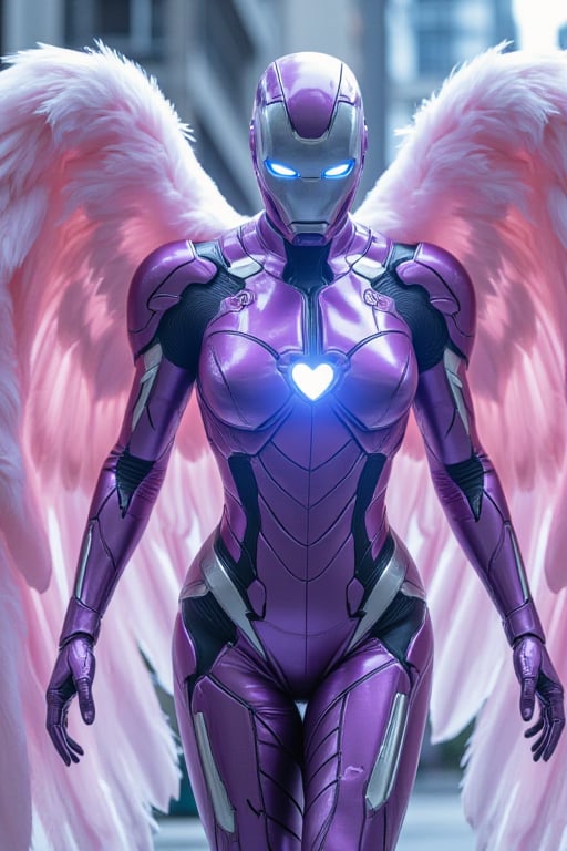 IronAngel suit appears enveloping her body in purple and silver metallic colors and pastel pink wings made of pink feathers. Nanotech suit materializes over her body, an Ironman mask  of silver and purple covers her bald head and face.  with a blue heart shaped arc reactor and repulsars including her Ironman helmet of silver and purple covering her skin and bald head leaving her looking like a stunning combination of Ironwoman and an Archangel.  Casting green healing spells by waving her hand repulsars