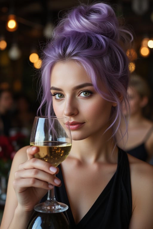 Beautiful lavender haired woman with hair up in a messy bun.  Beautiful witch. She emerald green eyes with a bottle of wine in one hand and in the other a wine glass with white wine in it.  background is a party.