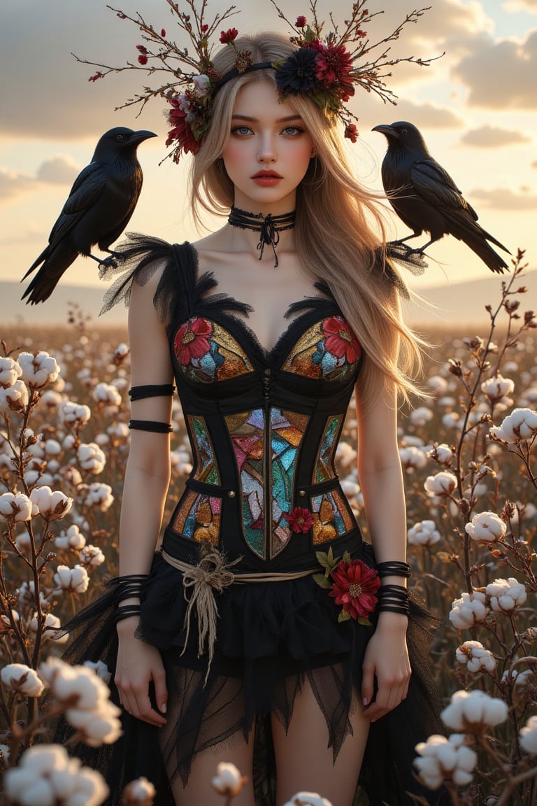 A magnificent oil painting masterpiece unfolds before us. The Scarecrow Maiden stands tall, mid-shot, surrounded by cotton in the middle of a vast cotton field. Her stern gaze, smoky makeup, gently flowing blond hair, and style adorned with old dead branches, rags, and dried flowers evoke a sense of mystery. Her vivid black top and short skirt with stained glass patterns harmonize with the cotton field and contrast with the natural tones of the setting sun. Two crows sit on her arms, their feathers rendered in exquisite detail. The subject’s features are highly detailed and anatomically accurate, and the vividly colored subject stands out against a random natural background. Every texture, every realistic skin, every wrinkle, every hair is rendered in 8k resolution with realistic painting quality, inviting the viewer into this dreamlike world.