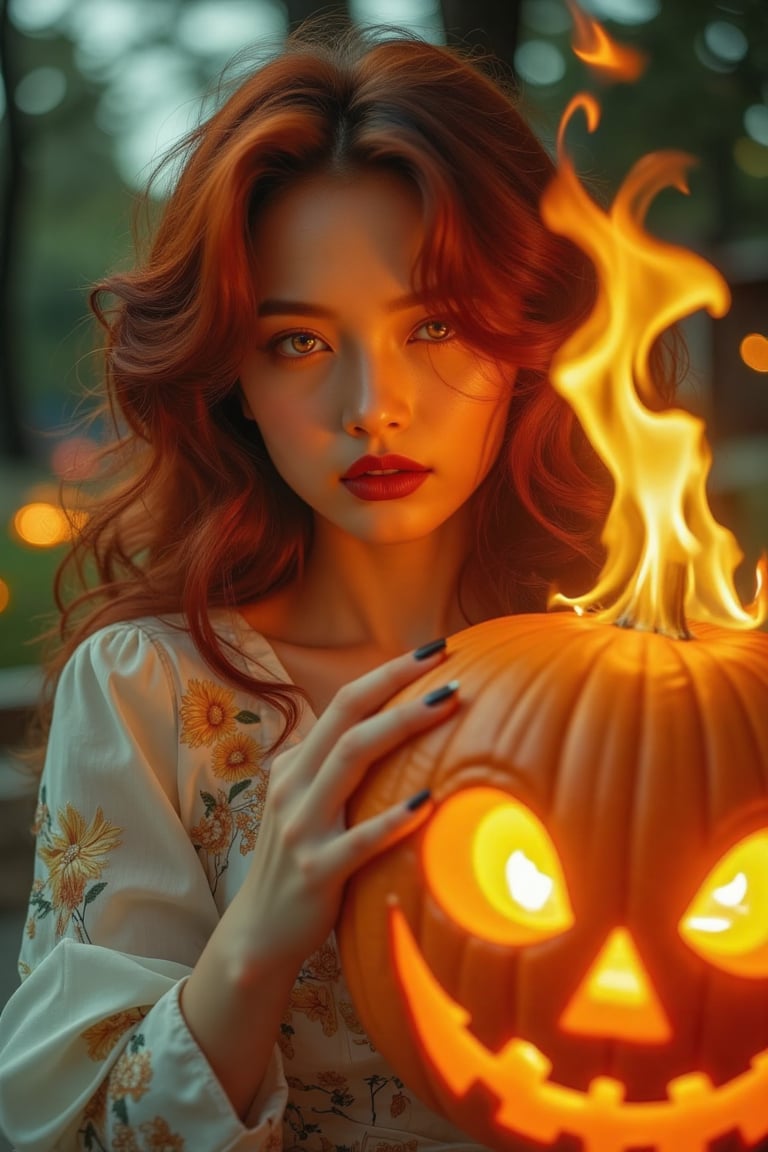 (Clear High Definition: 1.1), (Full body emitting fire, heavy atmosphere), 20 years old, girl, yellow irises glowing with fire, very low angle, face with a sly smile, lips with black lipstick, wavy bangs covering the forehead, long voluminous fiery red hair flowing down the cheeks and partially covering the face, reflecting a lively and energetic atmosphere. The white dress decorated with ornate embroidery has elaborate details. The witch with black nails is holding a Halloween pumpkin engulfed in blazing fire, and is in a dynamic pose showing off a pumpkin flower held in one hand. The subject's features are highly detailed and orientally anatomically correct, especially in the scene where the light from the pumpkin she is holding is backlit and illuminates the witch's face. The vividly colored subject contrasts with the blurred natural background. Every texture, realistic skin, wrinkle, and hair is rendered in 8K resolution with photo-realistic picture quality, inviting the viewer into a dreamlike world.