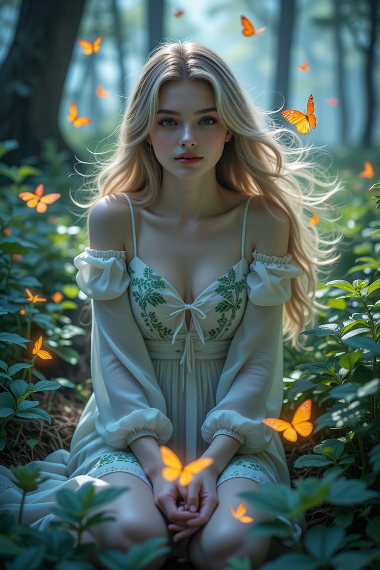 Double exposure illustration of (colorful) neon butterflies in a magical forest with a tranquil landscape. A dignified wom...