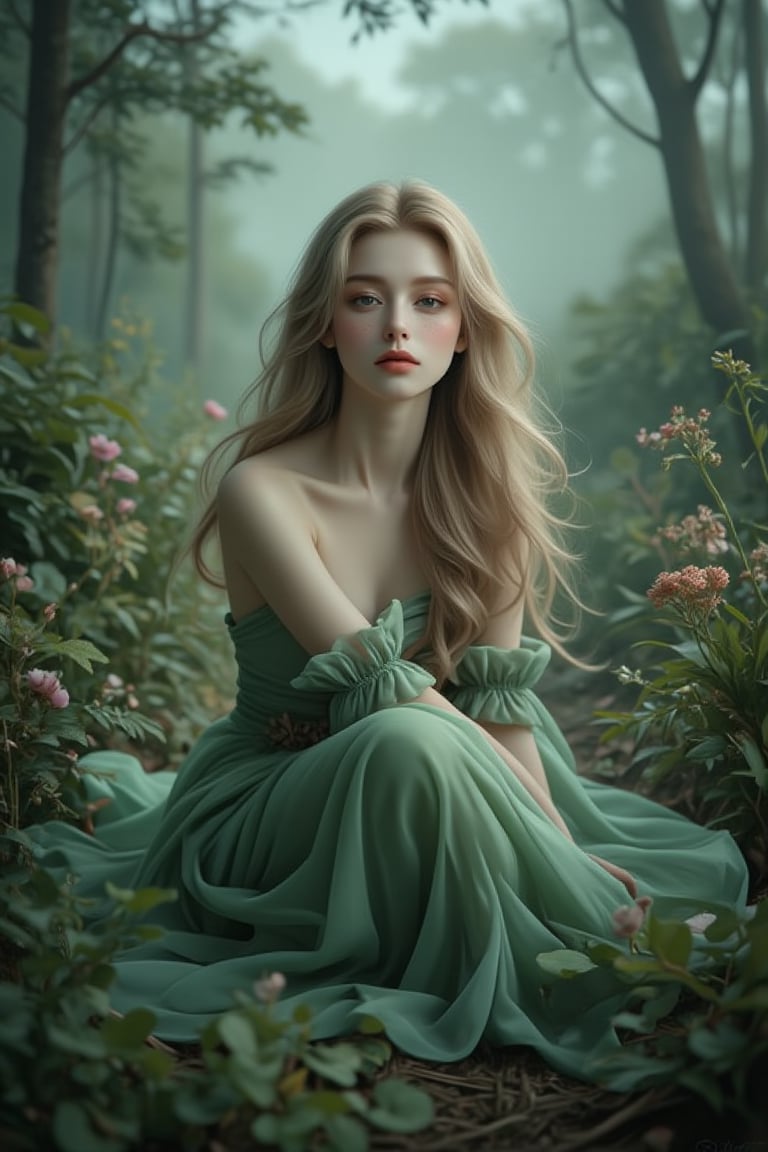 A serene landscape unfolds: a majestic woman with luscious blonde locks cascading down her back,  adorned in a flowing gre...