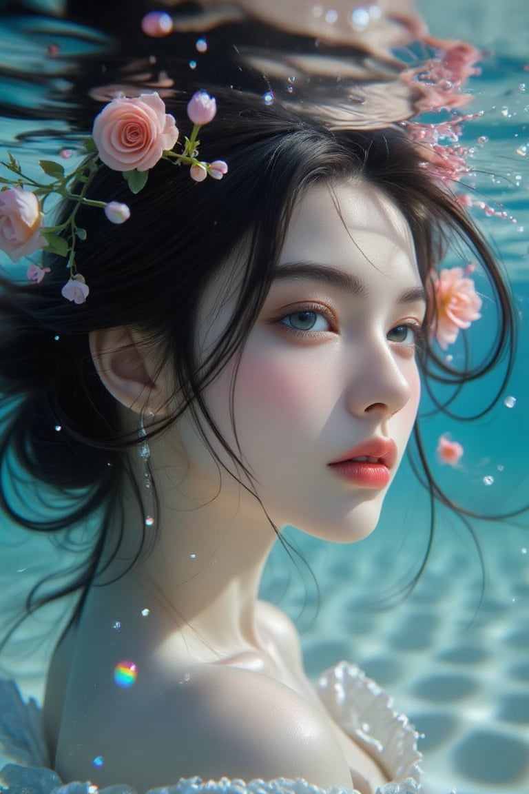 (Best quality, 8k, highly detailed realistic photo), (Cinematic soft lighting), side lighting, precise high quality, serene, elegantly captured with the refined features of a young woman posing with delicate roses. With her random hairdo, half of her face is floating on the rippling water surface, the other half is submerged in water, and her gentle smile creates a beautiful and mysterious atmosphere. Her porcelain skin, softly illuminated from above, shines in contrast to the subtle underwater background. There are colorful underwater bubbles, exquisite details. The subject's features are highly detailed and anatomically correct, and the vividly colored subject is contrasted against the random natural background. Every texture, every realistic skin, every wrinkle, every hair is rendered in 8k resolution with realistic picture quality, inviting the viewer into this dreamlike world.