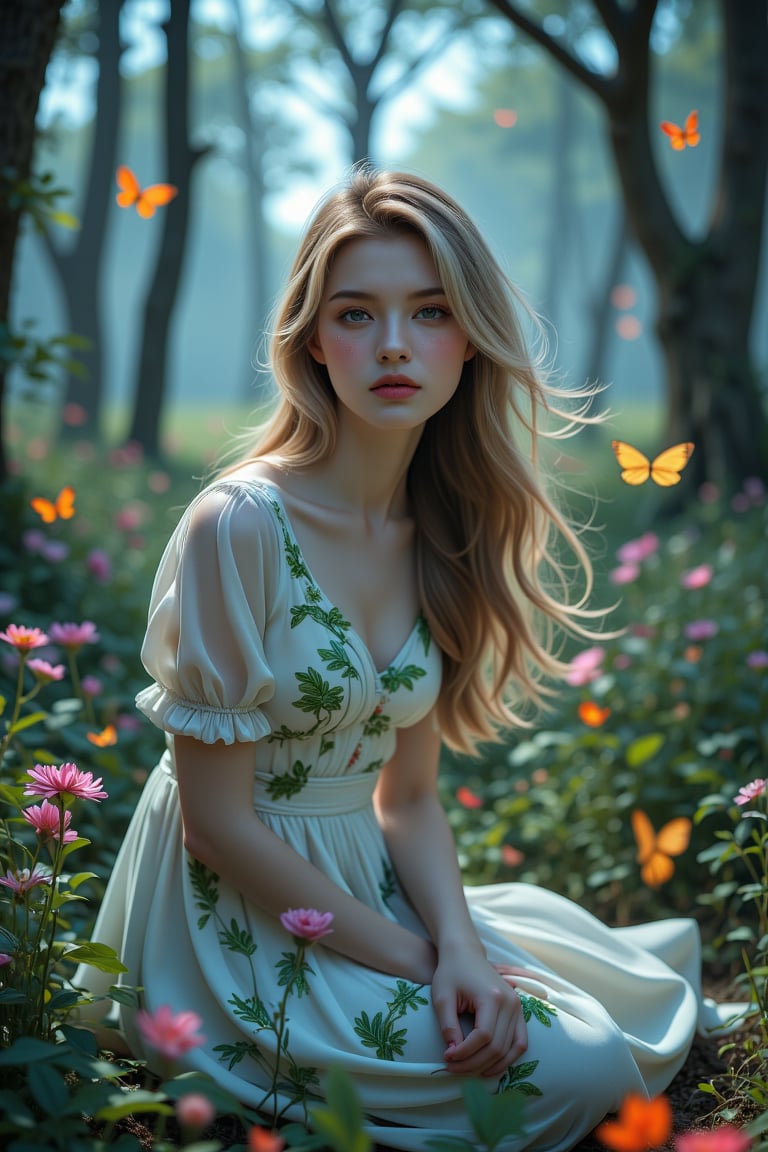 Double exposure illustration of (colorful) neon butterflies in a magical forest with a tranquil landscape. A dignified wom...