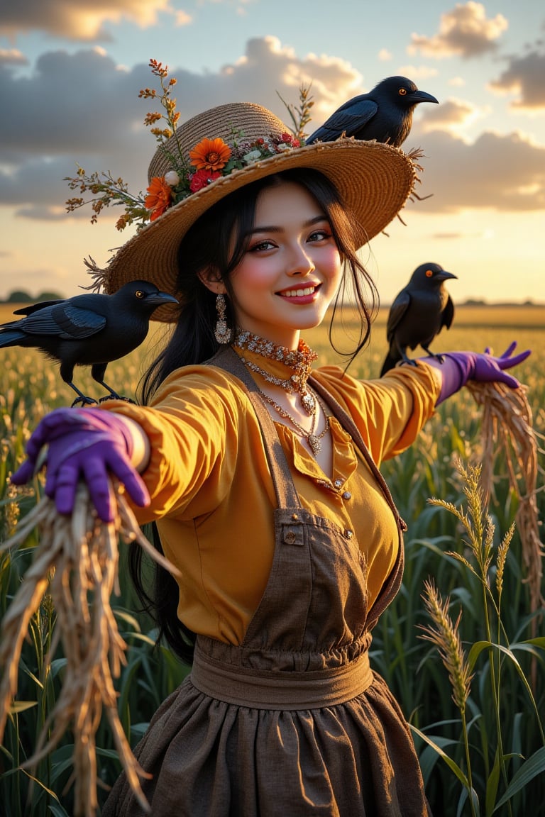 (Supernatural Portrait, Masterpiece, Dark Fantasy: 1.2, Oil Painting, Painting), Highly detailed and exquisite detail: 1.4, Upper body mid-shot, in the center of the frame is a girl dressed as a scarecrow, surrounded by a wide green barley field. The scarecrow, made of dry branches, dried flowers and straw, has a joyful expression and a happy smile, has smoky makeup, and wears an old and worn wide-brimmed straw hat that falls just below her eyebrows. She is wearing a vividly colored pearl yellow cotton shirt and purple velvet gloves, her arms are outstretched to the side, and two crows are sitting on her arms, which are very detailed and depicted. There is a sunset and natural light in the background. The subject's features are highly detailed and anatomically correct, and the vividly colored subject is set against a random natural background. Every texture, every realistic skin, every wrinkle, every hair is rendered in 8k resolution with realistic painting quality, inviting the viewer into this dreamlike world.