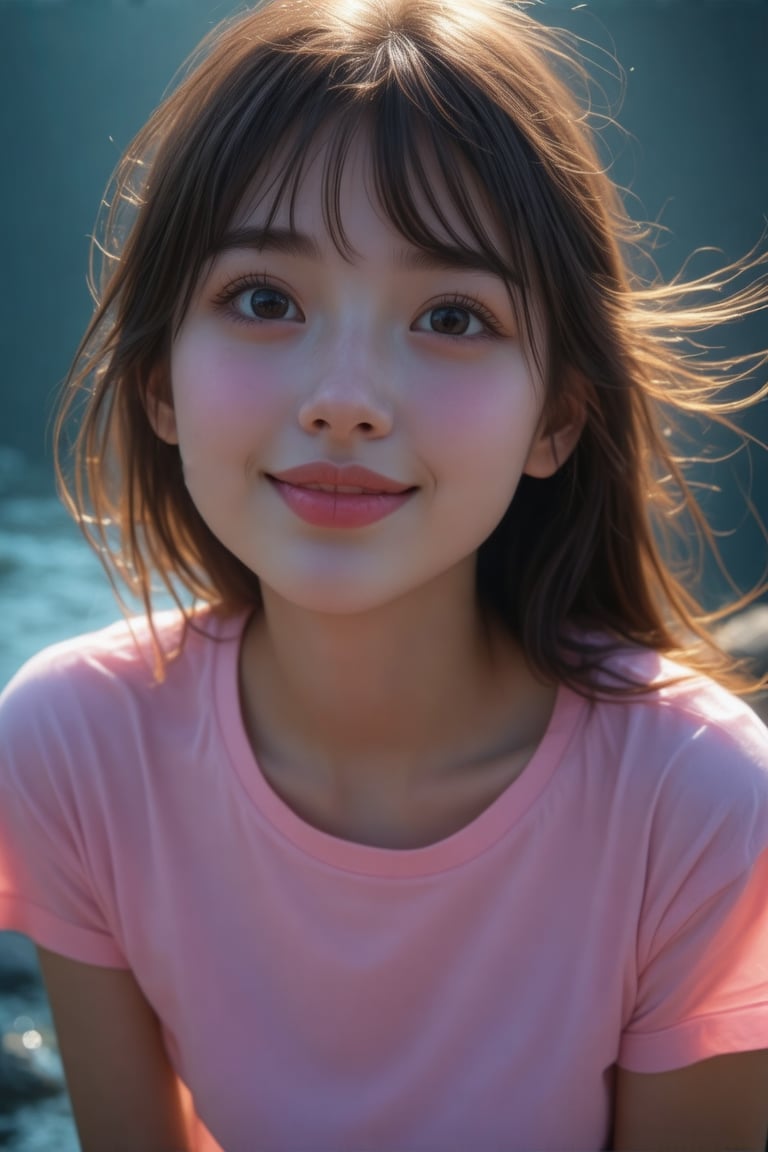 (Cinematic Lighting, Sunset: 1.2, High Definition), 17 years old, a girl, close up of upper body, extremely low angle, sparkling sapphire eyes, long brown hair with neat bangs She looks into the camera and playfully blows a kiss to the viewer, enjoying the joy of the moment, reflecting a lively and energetic atmosphere. There are exquisite details. Wearing a pink t-shirt, the features of the subject are highly detailed and anatomically correct, the vividly colored subject is set against a random natural background. Every texture, every realistic skin, every wrinkle, every hair is rendered in 8k resolution with realistic painting quality, inviting the viewer into this dreamlike world.