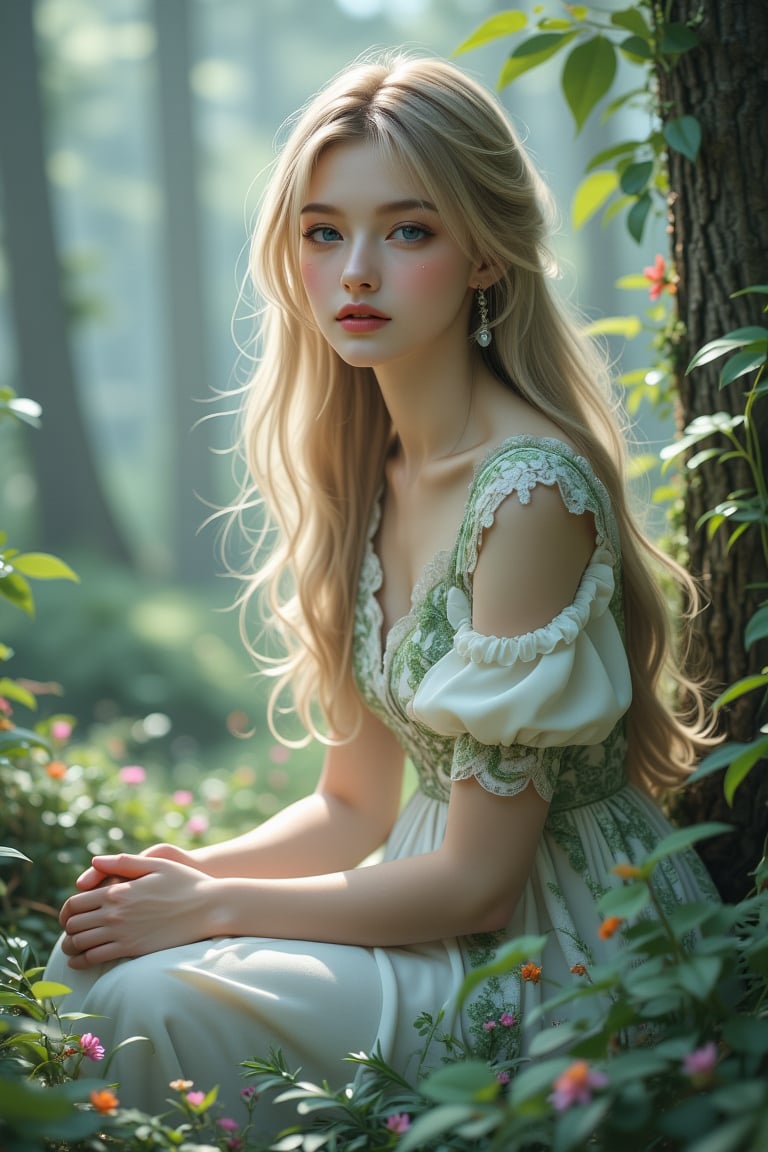 A double exposure illustration of a magical forest with a tranquil landscape. A dignified woman with lush blonde hair flow...