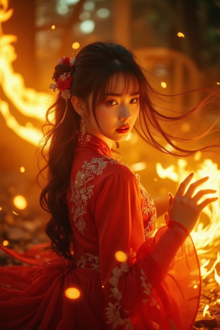 (Clear High Definition: 1.1), (Breathing fire from the whole body, heavy atmosphere), 17 years old, girl, yellow irises glowing with fire, very low angle, sly smile on face, lips with black lipstick, wavy bangs covering forehead, long fiery red hair flowing down cheeks and partially covering face reflects a lively and energetic atmosphere. The red dress decorated with ornate embroidery has exquisite details. The witch with black nails is in a dynamic pose, and the features of the subject engulfed in blazing fire are highly detailed and oriental and anatomically correct, as is the scene where the light is backlit and illuminates her face. The vividly colored subject contrasts with the blurred natural background. All textures, realistic skin, wrinkles, and hair are rendered in 8K resolution with photo-realistic quality, inviting viewers into a dreamlike world.