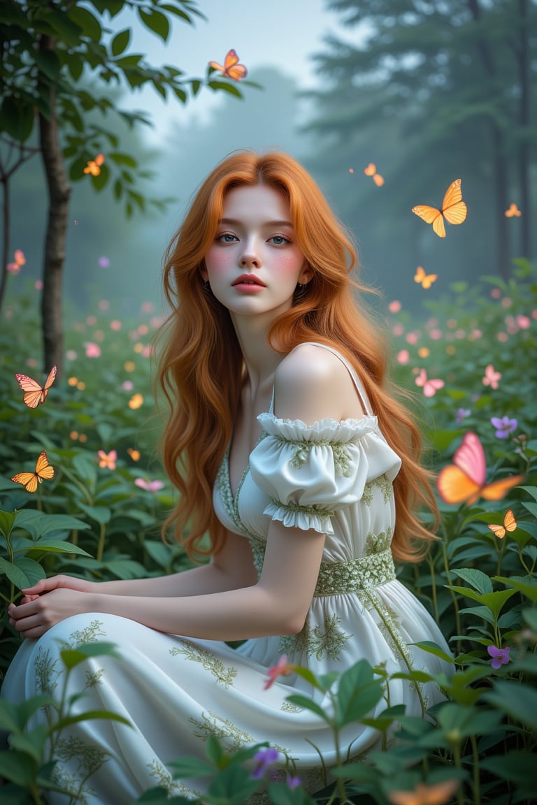 Double exposure illustration of a girl in a magical forest with (colorful) neon butterflies in a tranquil landscape. A dig...