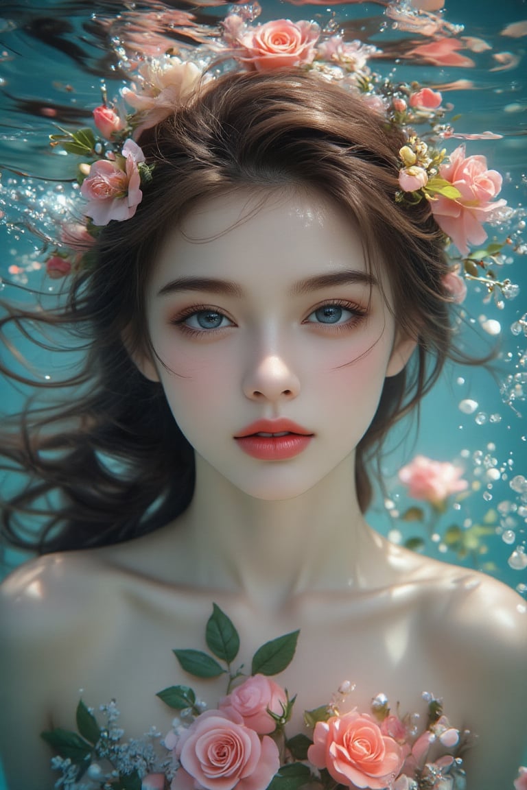 (Best quality, 8k, highly detailed realistic photo), (Cinematic soft lighting), side lighting, precise high quality, serene, elegantly captured with the refined features of a young woman posing with delicate roses. With her random hairdo, half of her face is floating on the rippling water surface, the other half is submerged in water, and her gentle smile creates a beautiful and mysterious atmosphere. Her porcelain skin, softly illuminated from above, shines in contrast to the subtle underwater background. There are colorful underwater bubbles, exquisite details. The subject's features are highly detailed and anatomically correct, and the vividly colored subject is contrasted against the random natural background. Every texture, every realistic skin, every wrinkle, every hair is rendered in 8k resolution with realistic picture quality, inviting the viewer into this dreamlike world.