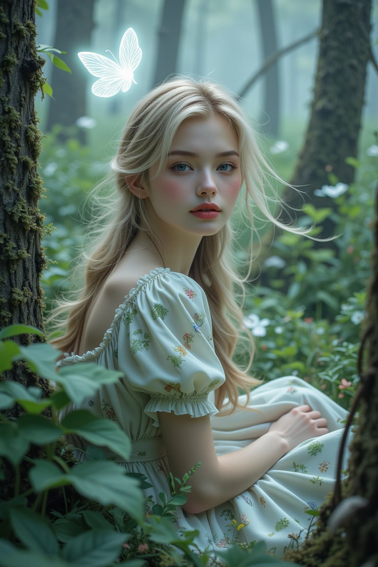 Double exposure illustration of a white neon butterfly in a magical forest with a tranquil landscape. A dignified woman wi...