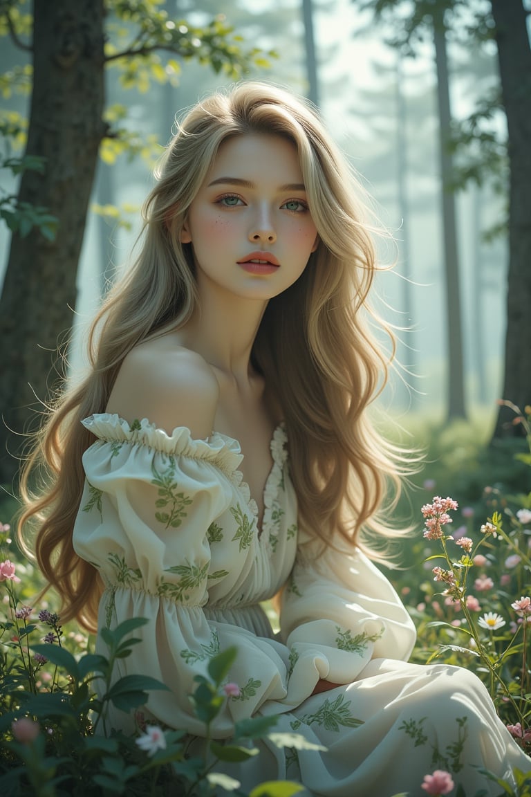 A double exposure illustration of a magical forest with a tranquil landscape. A dignified woman with lush blonde hair flow...