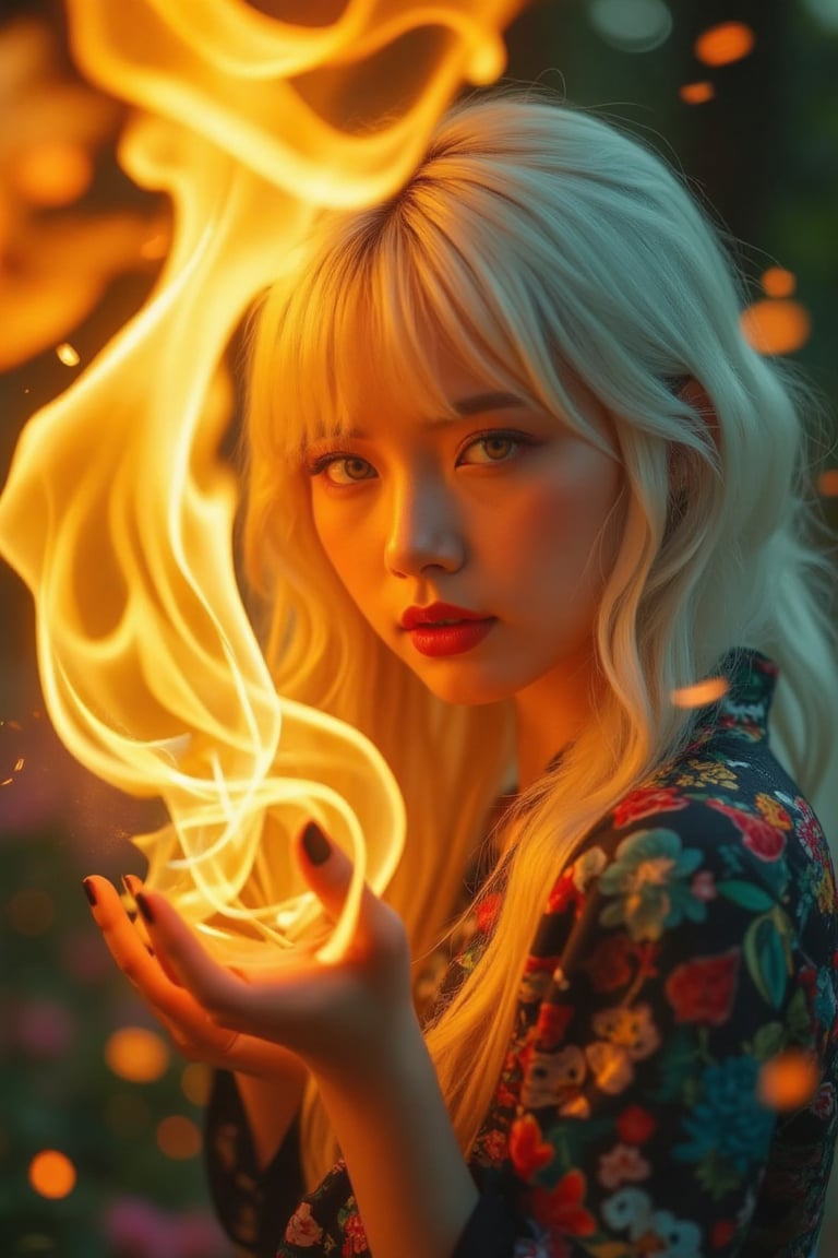 (High Definition: 1.1), (Full body flashing fire, overall mysterious white theme), cinematic lighting, ambient lighting, 17 years old, girl, yellow irises glowing with fire, very low angle, sly smile on face, lips with black lipstick, wavy bangs covering forehead, long straight white hair flowing down cheeks and partially covering face, reflecting a lively and energetic atmosphere. The stained glass patterned dress has exquisite details. She has black nails and is in a dynamic pose, the features of the subject engulfed in blazing fire are highly detailed, oriental and anatomically correct, and the same goes for the scene where the light is backlit and illuminates the face. The vividly colored subject contrasts with the blurred natural background. All textures, realistic skin, wrinkles and hair are rendered in 8K resolution with photo-realistic quality, inviting viewers into a dreamlike world.