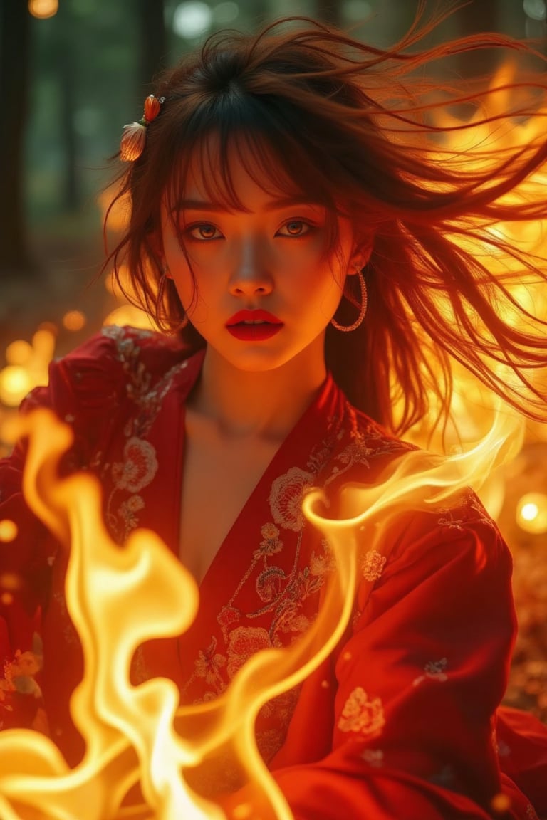 (Clear High Definition: 1.1), (Breathing fire from the whole body, heavy atmosphere), 17 years old, girl, yellow irises glowing with fire, very low angle, sly smile on face, lips with black lipstick, wavy bangs covering forehead, long fiery red hair flowing down cheeks and partially covering face reflects a lively and energetic atmosphere. The red dress decorated with ornate embroidery has exquisite details. The witch with black nails is in a dynamic pose, and the features of the subject engulfed in blazing fire are highly detailed and oriental and anatomically correct, as is the scene where the light is backlit and illuminates her face. The vividly colored subject contrasts with the blurred natural background. All textures, realistic skin, wrinkles, and hair are rendered in 8K resolution with photo-realistic quality, inviting viewers into a dreamlike world.