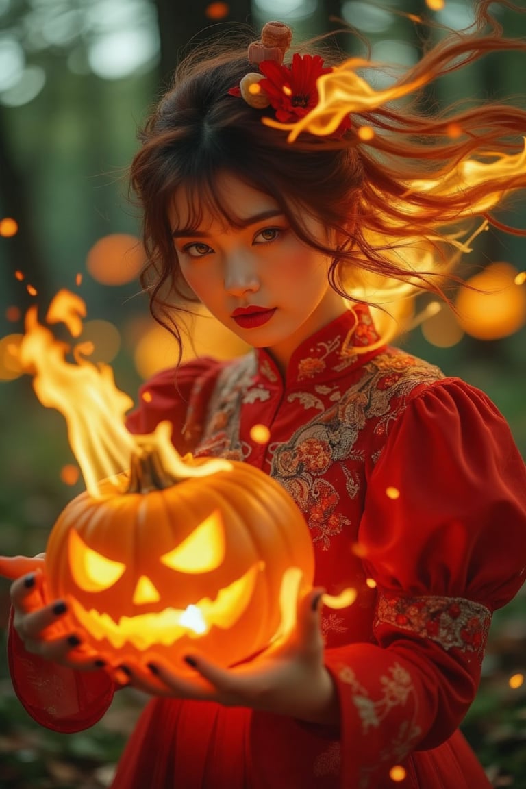 (Clear High Definition: 1.1), (Breathing fire from the whole body, heavy atmosphere), 17 years old, girl, yellow irises glowing with fire, very low angle, sly smile on face, lips with black lipstick, wavy bangs covering the forehead, fiery red hair flowing down the cheeks and partially covering the face reflect a lively and energetic atmosphere. The red dress decorated with ornate embroidery has exquisite details. The witch with black nails is in a dynamic pose, and the features of the subject engulfed in blazing fire are highly detailed and orientally anatomically accurate, as is the scene where the light from the pumpkin she is holding is backlit and illuminates the witch's face. The vividly colored subject contrasts with the blurred natural background. All textures, realistic skin, wrinkles, and hair are rendered in 8K resolution with photo-realistic quality, inviting viewers into a dreamlike world.