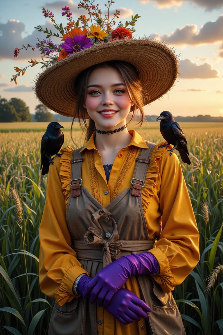 (Supernatural Portrait, Masterpiece, Dark Fantasy: 1.2, Oil Painting, Painting), Highly detailed and exquisite detail: 1.4, Upper body mid-shot, in the center of the frame is a girl dressed as a scarecrow, surrounded by a wide green barley field. The scarecrow, made of dry branches, dried flowers and straw, has a joyful expression and a happy smile, has smoky makeup, and wears an old and worn wide-brimmed straw hat that falls just below her eyebrows. She is wearing a vividly colored pearl yellow cotton shirt and purple velvet gloves, her arms are outstretched to the side, and two crows are sitting on her arms, which are very detailed and depicted. There is a sunset and natural light in the background. The subject's features are highly detailed and anatomically correct, and the vividly colored subject is set against a random natural background. Every texture, every realistic skin, every wrinkle, every hair is rendered in 8k resolution with realistic painting quality, inviting the viewer into this dreamlike world.