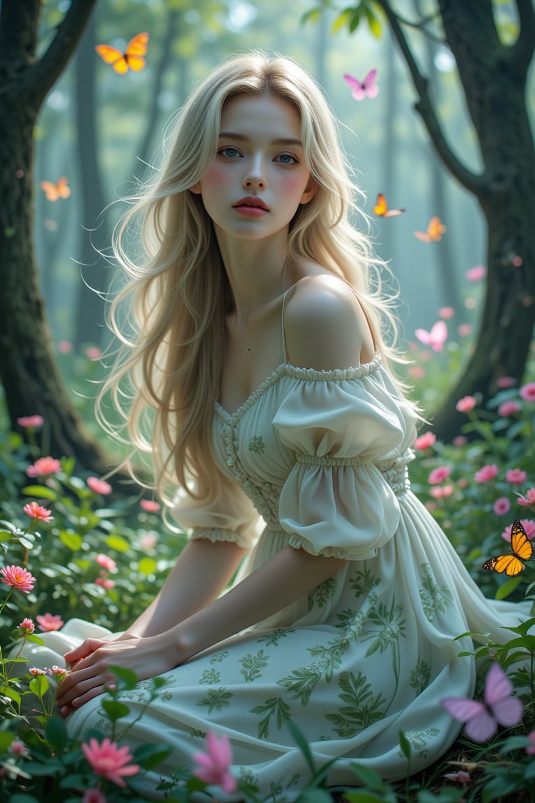 Double exposure illustration of a girl in a magical forest with (colorful) neon butterflies in a tranquil landscape. A dig...