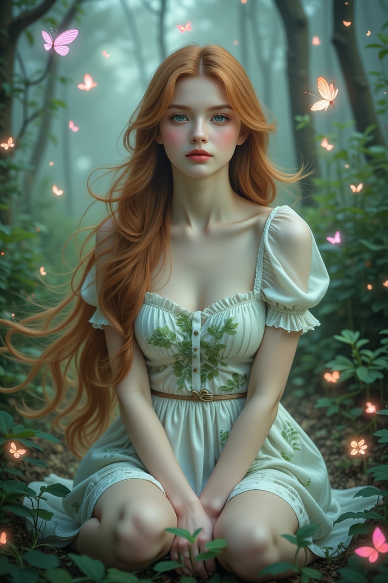 Double exposure illustration of a girl in a magical forest with (colorful) neon butterflies in a tranquil landscape. A dig...