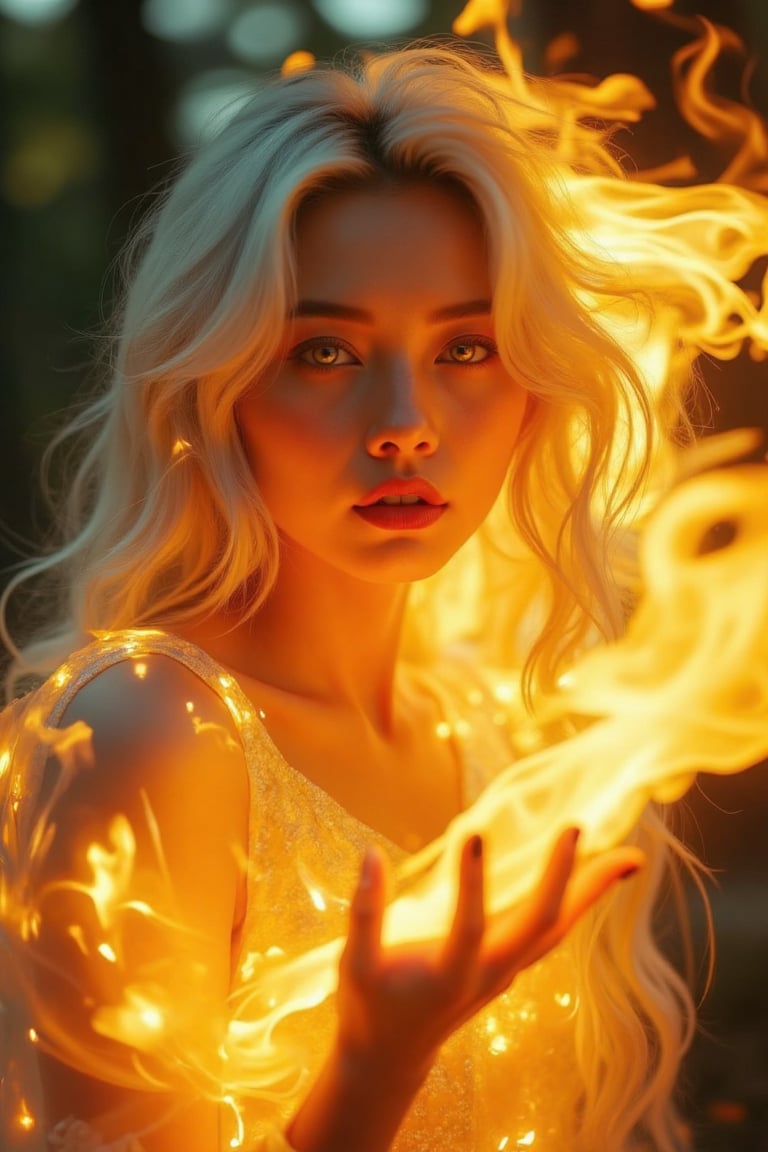 (Clear resolution High Definition: 1.1), (Full body flashing fire, overall mysterious white theme), cinematic lighting, ambient lighting, 17 years old, girl, yellow irises glowing with fire, very low angle, sly smile on face, lips with black lipstick, wavy bangs covering forehead, long straight white hair flowing down cheeks and partially covering face, reflecting a lively and energetic atmosphere. The stained glass patterned dress has exquisite details. She has black nails and is in a dynamic pose, the features of the subject engulfed in blazing fire are highly detailed, oriental and anatomically correct, and the same goes for the scene where the light is backlit and illuminates the face. The vividly colored subject contrasts with the blurred natural background. All textures, realistic skin, wrinkles and hair are rendered in 8K resolution with photo-realistic quality, inviting viewers into a dreamlike world.