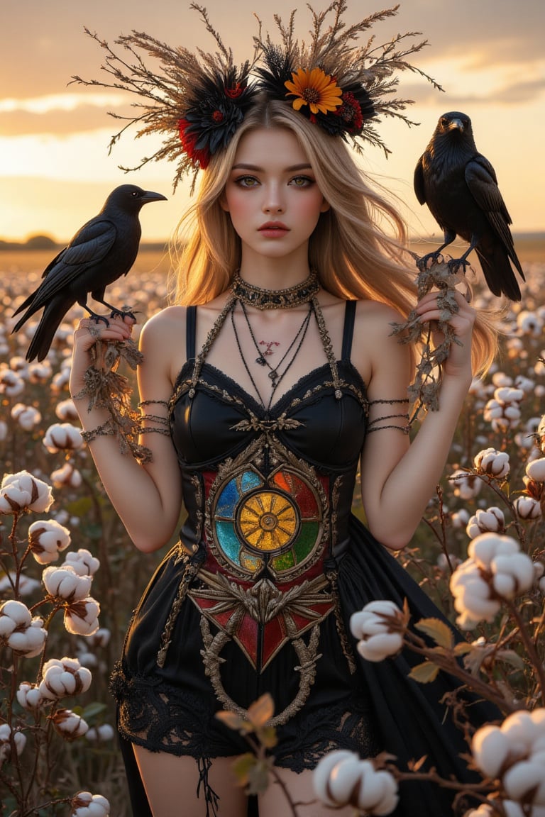 A magnificent oil painting masterpiece unfolds before us. The Scarecrow Maiden stands tall, mid-shot, surrounded by cotton in the middle of a vast cotton field. Her stern gaze, smoky makeup, gently flowing blond hair, and style adorned with old dead branches, rags, and dried flowers evoke a sense of mystery. Her vivid black top and short skirt with stained glass patterns harmonize with the cotton field and contrast with the natural tones of the setting sun. Two crows sit on her arms, their feathers rendered in exquisite detail. The subject’s features are highly detailed and anatomically accurate, and the vividly colored subject stands out against a random natural background. Every texture, every realistic skin, every wrinkle, every hair is rendered in 8k resolution with realistic painting quality, inviting the viewer into this dreamlike world.