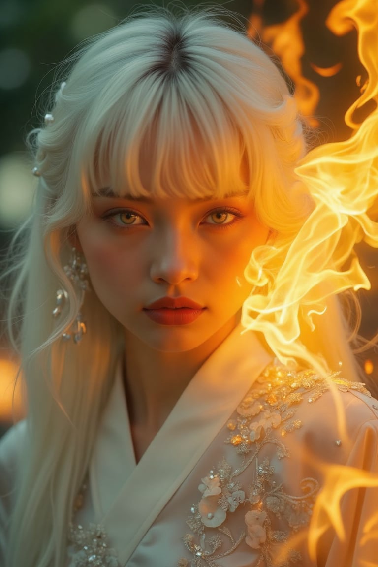 (Clear High Definition: 1.1), (Full body radiating fire, overall white and ivory theme), cinematic lighting, ambient lighting, 17 years old, girl, yellow irises glowing with fire, very low angle, sly smile on face, lips with black lipstick, wavy bangs covering forehead, long straight white hair flowing down cheeks and partially covering face reflects a lively and energetic atmosphere. The dress decorated with ornate embroidery has elaborate details. She has black nails and is in a dynamic pose, the features of the subject engulfed in blazing fire are very detailed and oriental and anatomically correct, as is the scene where the light is backlit and illuminates her face. The vividly colored subject contrasts with the blurred natural background. All textures, realistic skin, wrinkles and hair are rendered in 8K resolution with photo-realistic quality, inviting viewers into a dreamlike world.