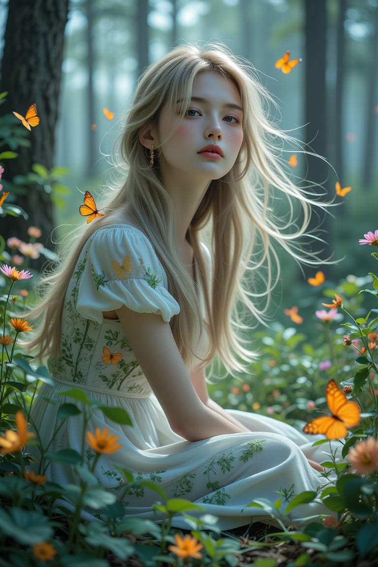 Double exposure illustration of a girl in a magical forest with (colorful) neon butterflies in a tranquil landscape. A dig...