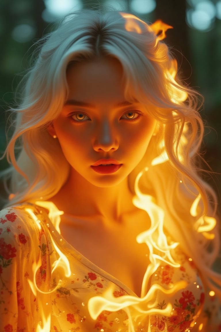 (High Definition: 1.1), (Full body flashing fire, overall mysterious white theme), cinematic lighting, ambient lighting, 17 years old, girl, yellow irises glowing with fire, very low angle, sly smile on face, lips with black lipstick, wavy bangs covering forehead, long straight white hair flowing down cheeks and partially covering face, reflecting a lively and energetic atmosphere. The stained glass patterned dress has exquisite details. She has black nails and is in a dynamic pose, the features of the subject engulfed in blazing fire are highly detailed, oriental and anatomically correct, and the same goes for the scene where the light is backlit and illuminates the face. The vividly colored subject contrasts with the blurred natural background. All textures, realistic skin, wrinkles and hair are rendered in 8K resolution with photo-realistic quality, inviting viewers into a dreamlike world.