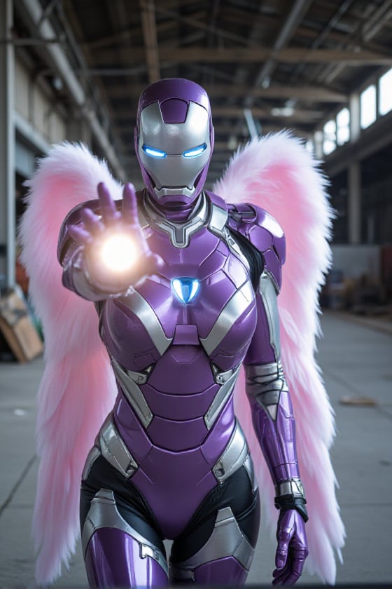 The female ironman in metallic purple and silver armor with pastel pink angelic wings like an Archangel. She's wearing an...