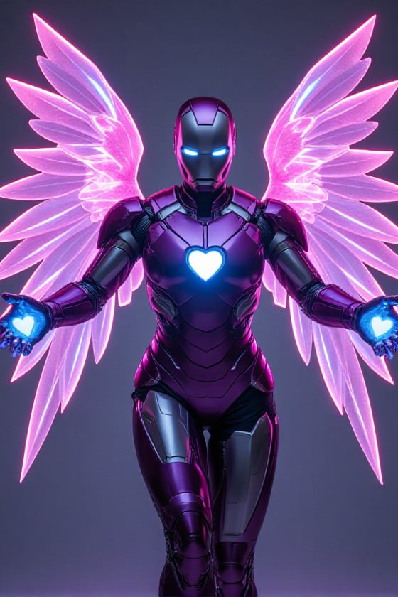 Iron Angel posed in a dynamic,  heroic stance with its arms outstretched,  as if the character is preparing to take flight...