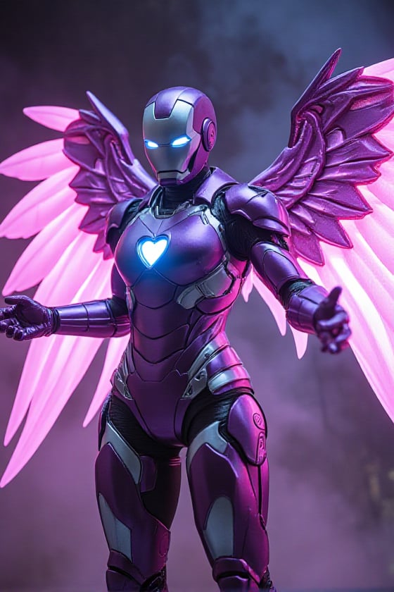 Iron Angel posed in a dynamic,  heroic stance with its arms outstretched,  as if the character is preparing to take flight...
