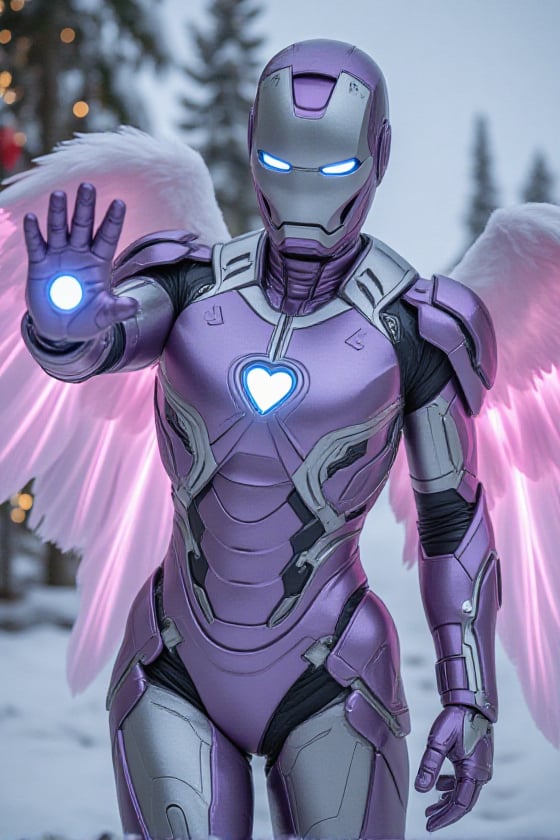 The female ironman in metallic purple and silver armor with pastel pink angelic wings like an Archangel. She's wearing an...