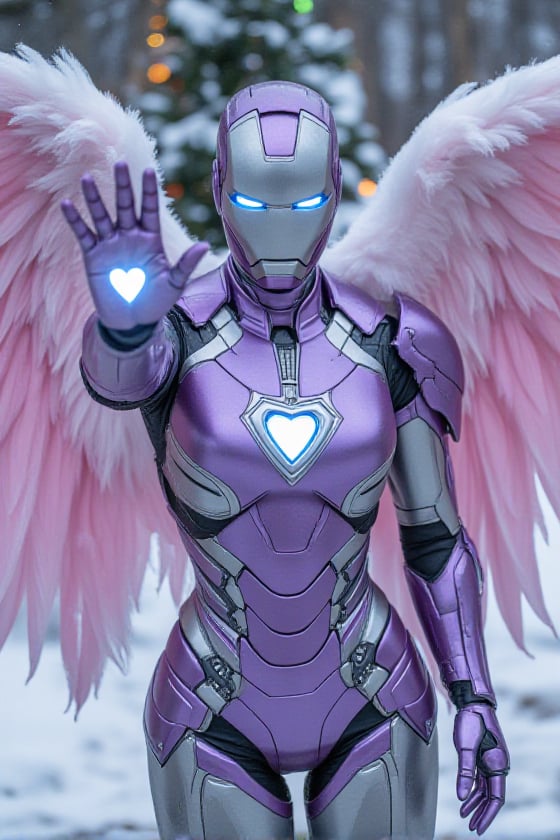 The female ironman in metallic purple and silver armor with pastel pink angelic wings like an Archangel. She's wearing an...