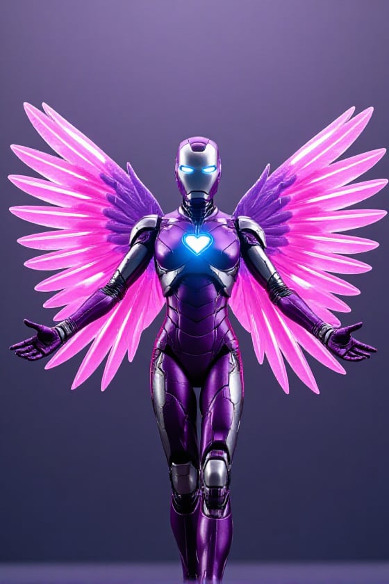 Iron Angel posed in a dynamic,  heroic stance with its arms outstretched,  as if the character is preparing to take flight...