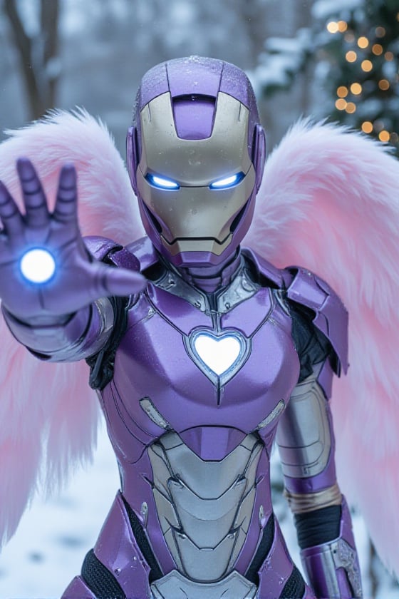 The female ironman in metallic purple and silver armor with pastel pink angelic wings like an Archangel. She's wearing an...