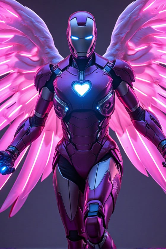 Iron Angel posed in a dynamic,  heroic stance with its arms outstretched,  as if the character is preparing to take flight...
