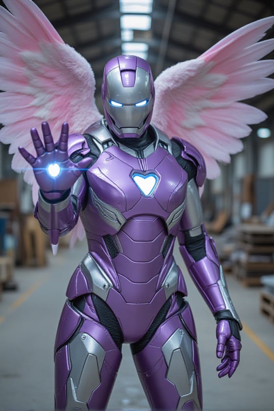 The female ironman in metallic purple and silver armor with pastel pink angelic wings like an Archangel. She's wearing an...