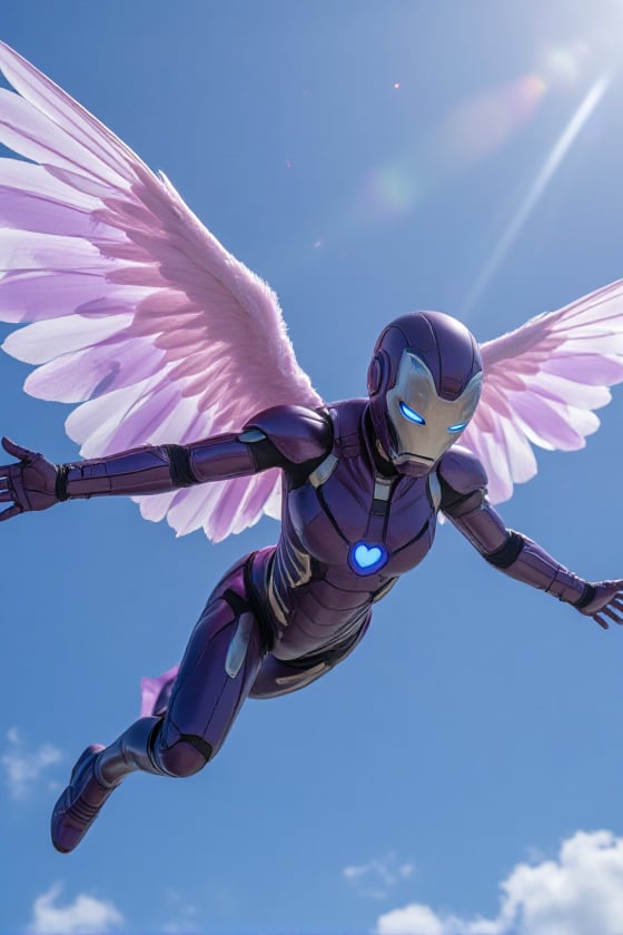 IronAngel looks like a purple and silver Ironwoman. She wears an Ironman helmet of purple and silver,  she's bald. She has...